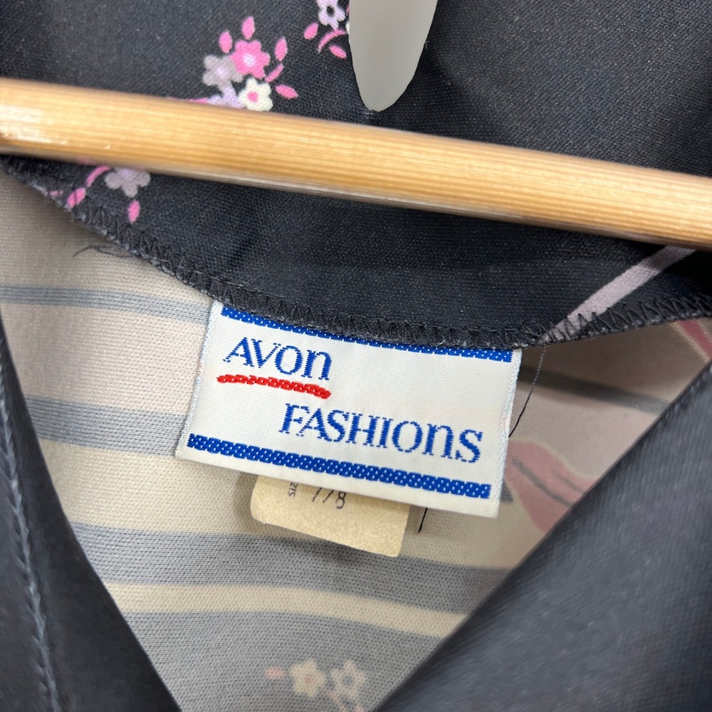 Vintage Avon Fashions Black Floral Midi Dress 7/8 Pink Purple Stripe 8498 - Picture 8 of 10